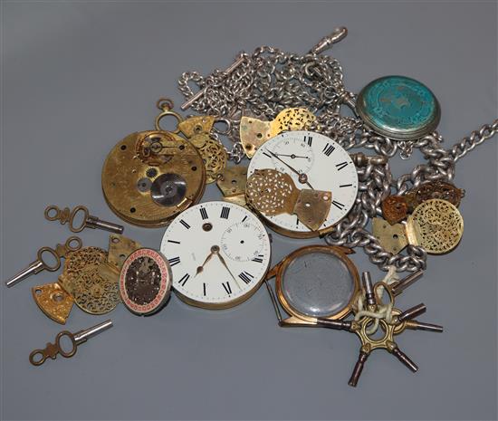 Four silver or white metal albert chains, three pocket watch movements and assorted watch parts etc.